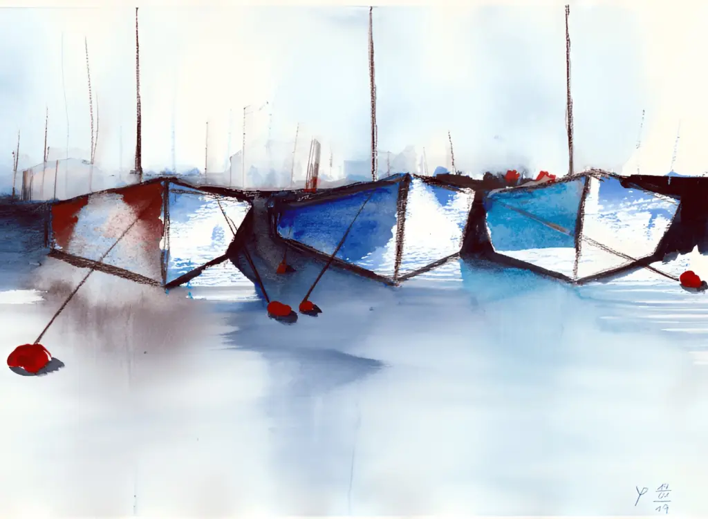Segelboote im ruhigen Hafen mit roten Bojen – maritime Aquarellmalerei