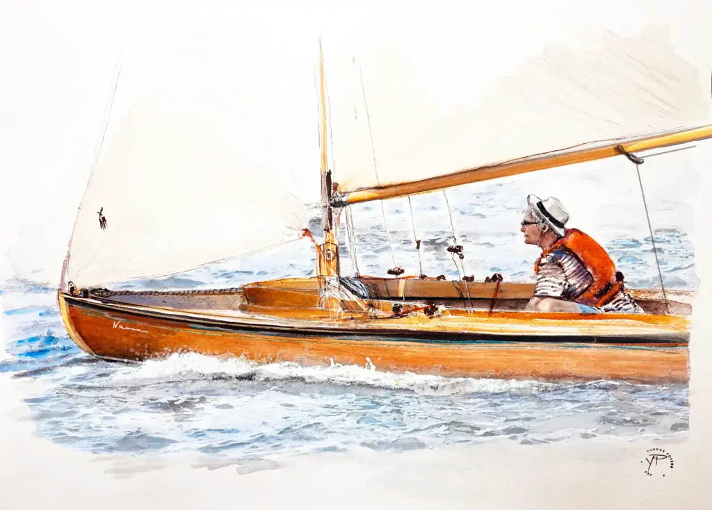 Klassisches Segelboot aus Holz auf dem Meer – Aquarell eines Einhandseglers unter Segel, Referenzfoto Sven Hägele