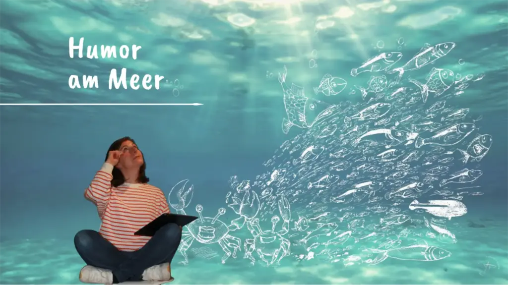 Humorvolle maritime Illustration „Humor am Meer“ von Künstlerin Yvonne Posern – Unterwasserszene mit Fischschwarm und humorvoller Meer-Atmosphäre.