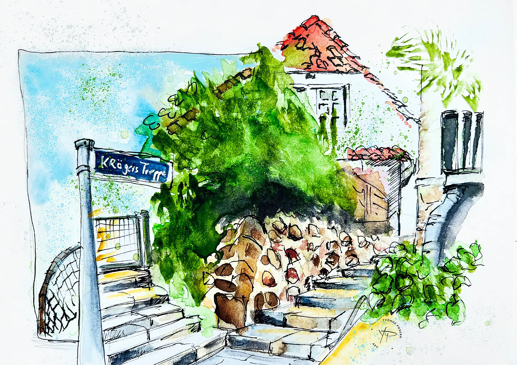 Aquarell-Skizze eines mediterranen Küstenhauses mit Treppe, Natursteinmauer und üppiger Vegetation. Urban-Sketching Illustration des Elbortes Blankenese.