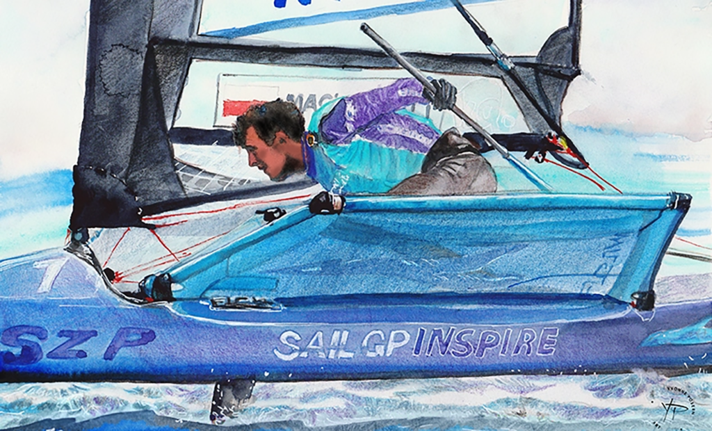 Segler auf einem Foiling-Segelboot der Klasse Motte (International Moth) – maritime Aquarellmalerei