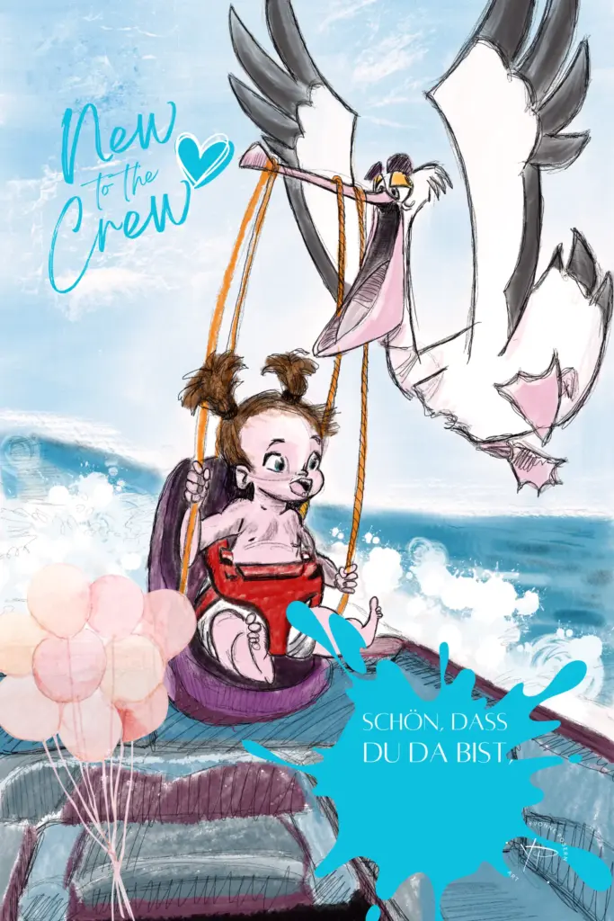 Humorvolle maritime Geburtskarte im Aquarellstil: Storch bringt ein Baby über dem Meer, dazu der Schriftzug „New to the Crew“. Liebevolle Illustration zur Geburt.