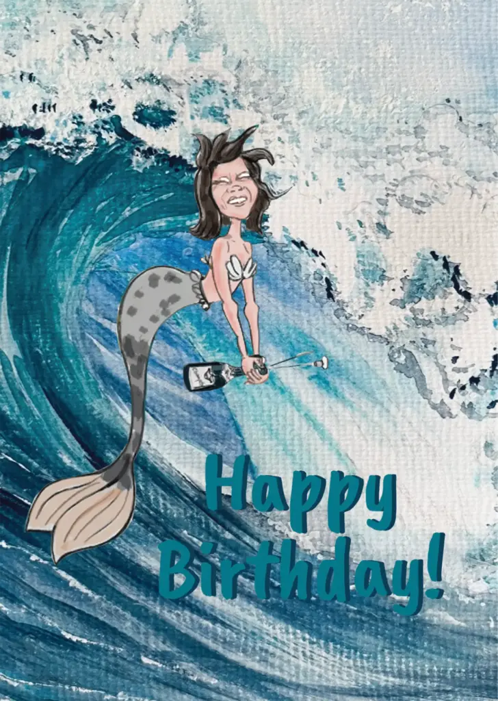 Humorvolle maritime Geburtstagskarte mit Nixe auf einer großen Welle und Schriftzug „Happy Birthday“, Illustration von Yvonne Posern.