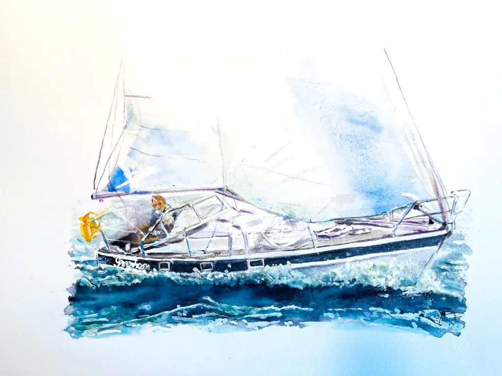 Hallberg-Rassy 312 Segelyacht auf See – maritime Aquarellmalerei