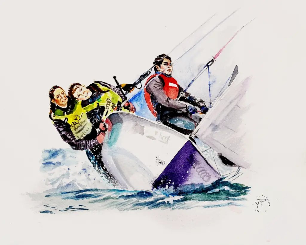 29er Skiff mit drei Seglern während einer Regatta – maritime Aquarellmalerei