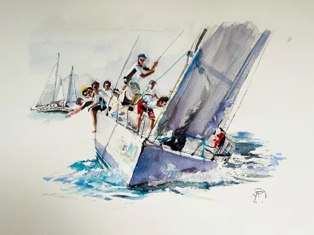 Regattayacht mit Crew auf der Kante während einer Segelregatta – maritime Aquarellmalerei, Referenzfoto Thomas Klahn