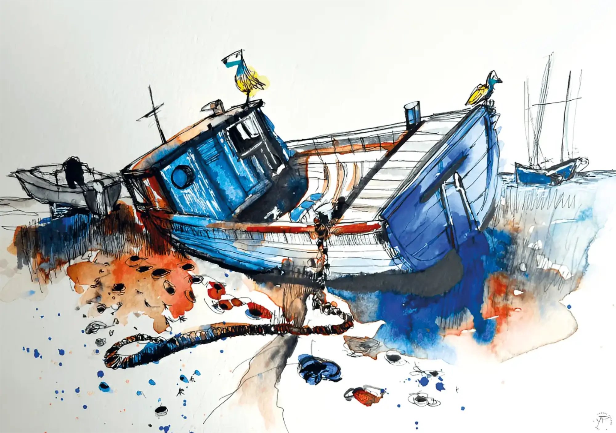 Expressive Aquarell-Illustration eines gestrandeten Fischerbootes am Strand mit Kette, Anker und Möwen. Das Bild entstand im Rahmen eines Workshops bei Urban-Sketching Künstler Ian Fennelly.