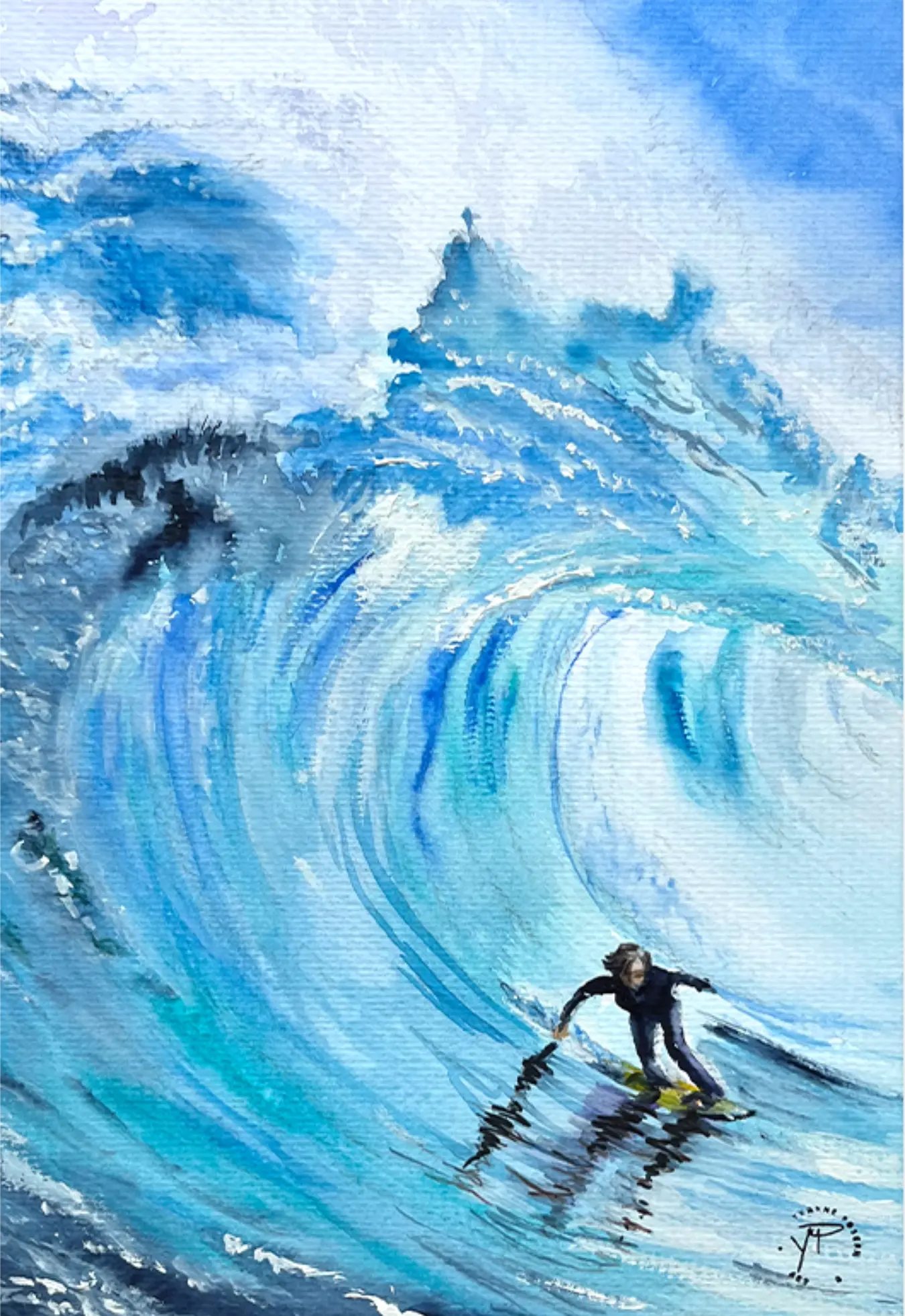 Aquarell-Illustration eines Surfers in einer großen blauen Welle. Dynamische maritime Szene mit kraftvollem Meer und Bewegung – handgemaltes Aquarell von Yvonne Posern.