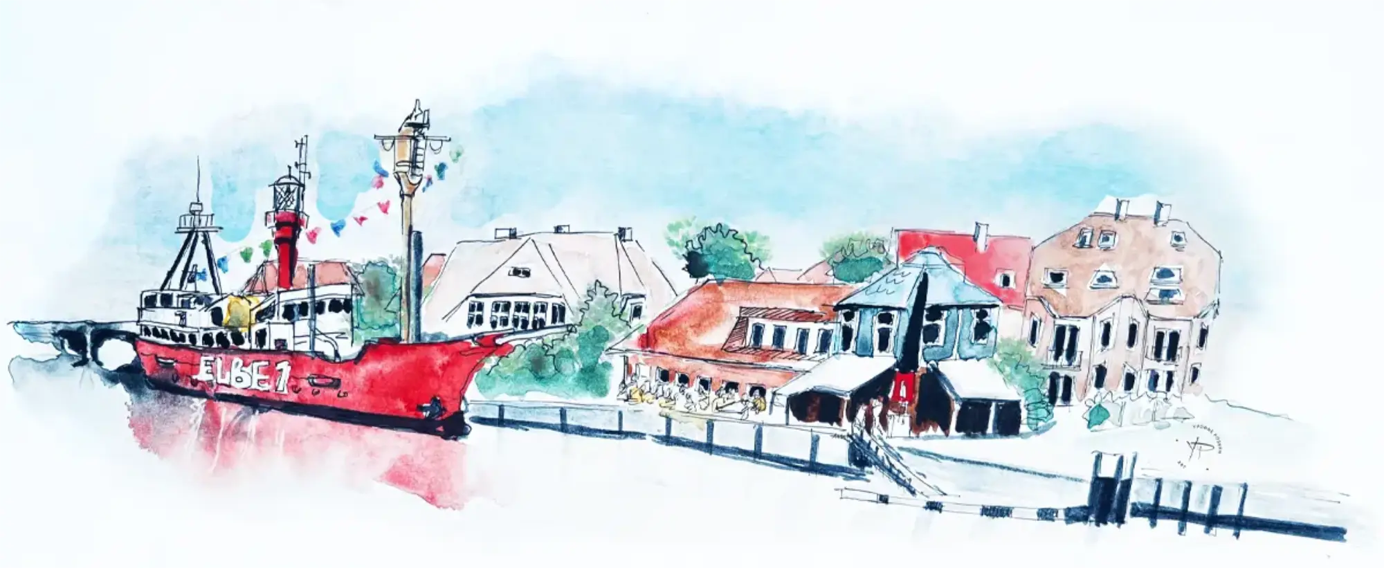 Aquarell-Illustration des Rettungsschiffes „ELBE 1“ im Hafen vor Küstenhäusern. Maritime Szene aus Norddeutschland mit Leuchtturm und Hafenstimmung in Neustadt i.H..