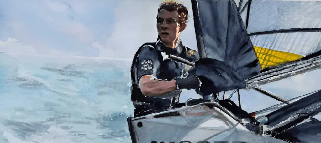 Segler auf einer Foiling-Motte (International Moth) – maritime Aquarellmalerei