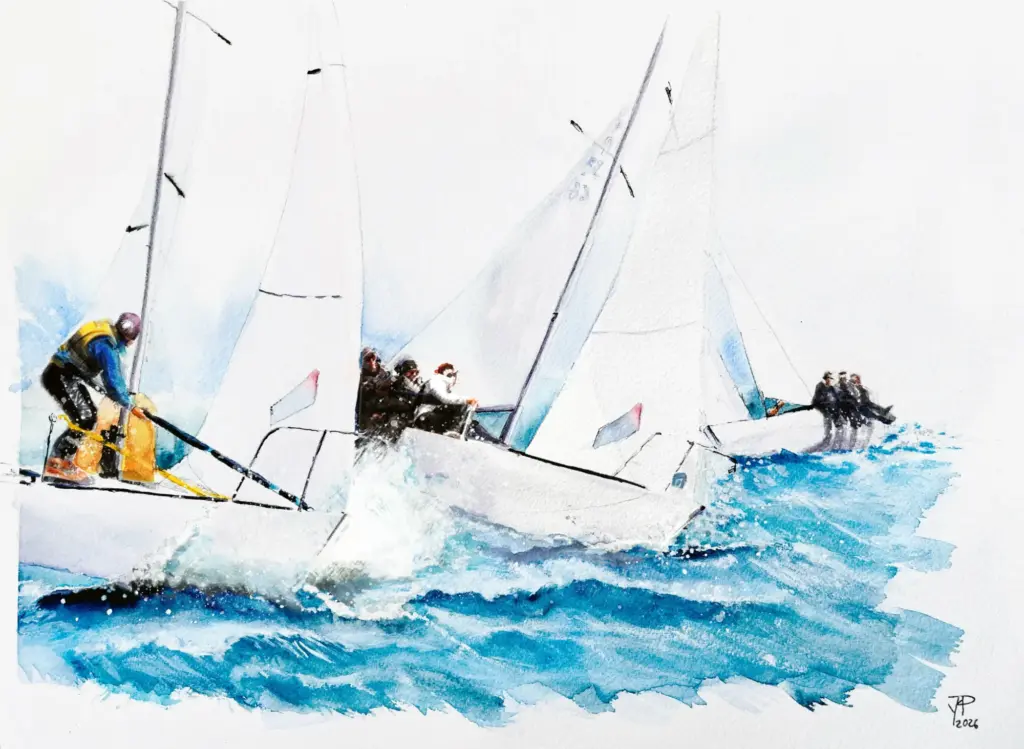 Maritimes Aquarell einer J24-Regatta auf kabbeliger See