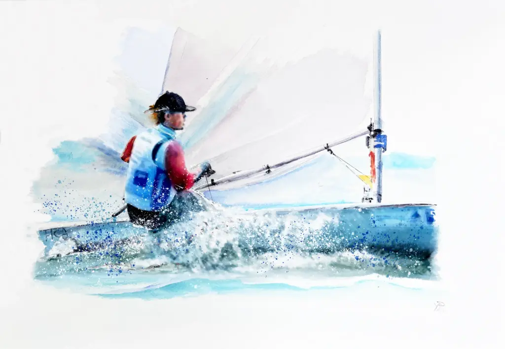 Maritimes Aquarell eines Laser-Seglers auf bewegter See