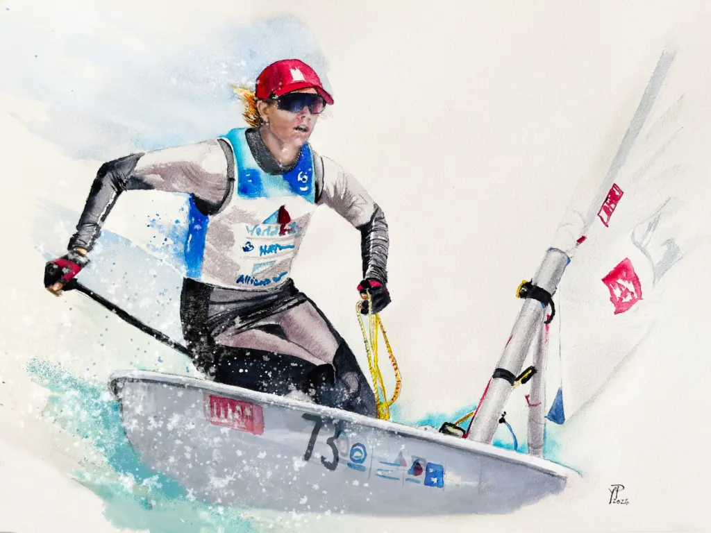 Seglerin im Laser bei einer dynamischen Regatta als maritime Aquarellmalerei. Fotovorlage: Sander van der Borch
